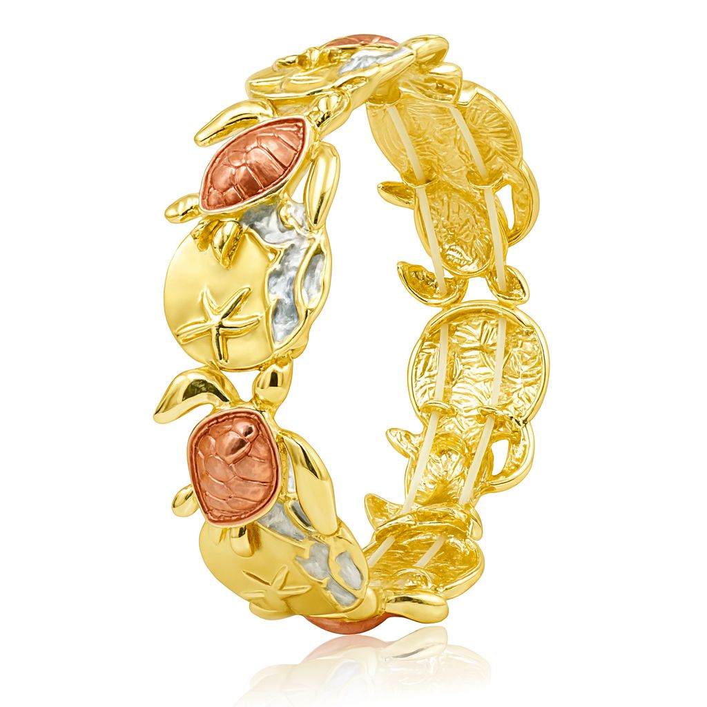 Gold-plated sea turtle bracelet with hand-painted coral and silver ocean details, lightweight and beach-inspired jewelry for women