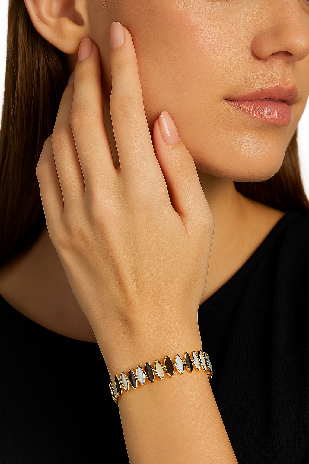 Flexible stretch-fit bracelet featuring marquise hand-painted enamel pieces