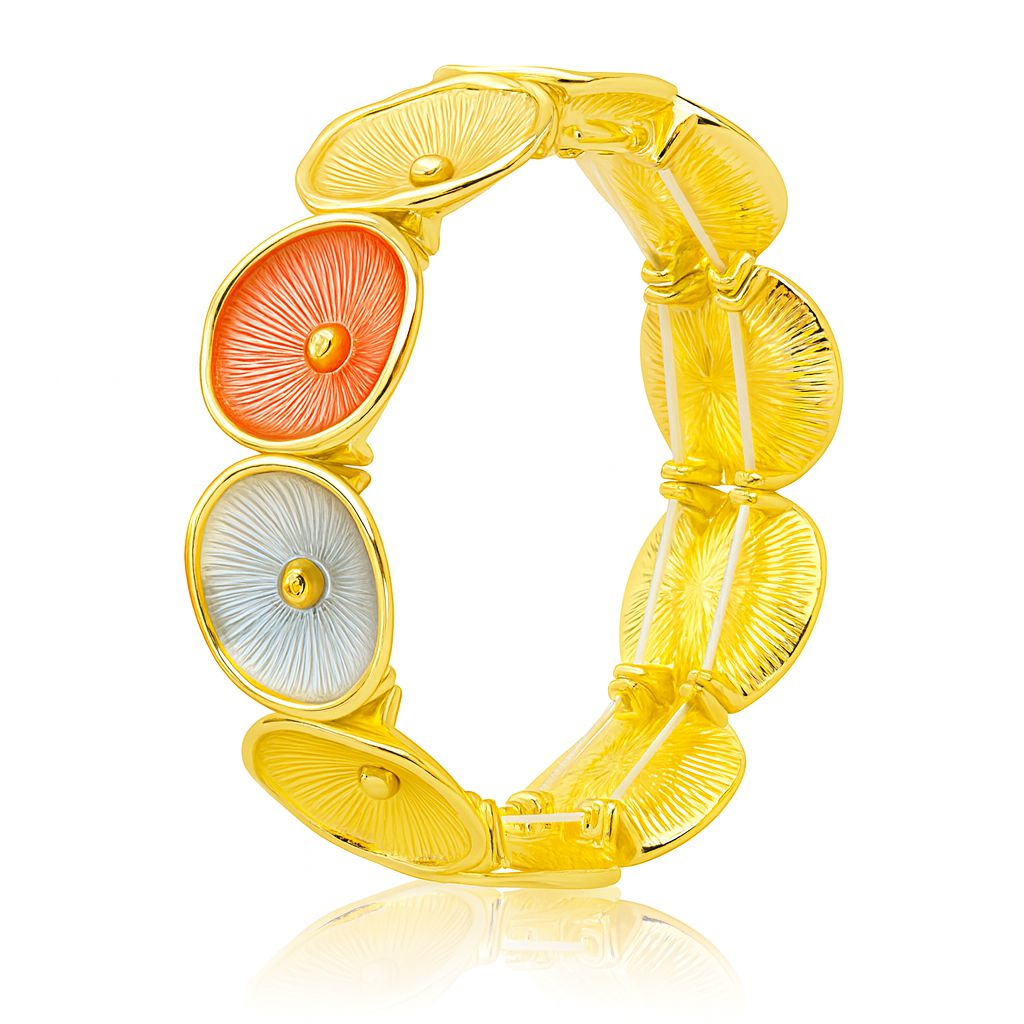Gold-plated sunburst bracelet with hand-painted coral and silver accents, lightweight and artistic design for women