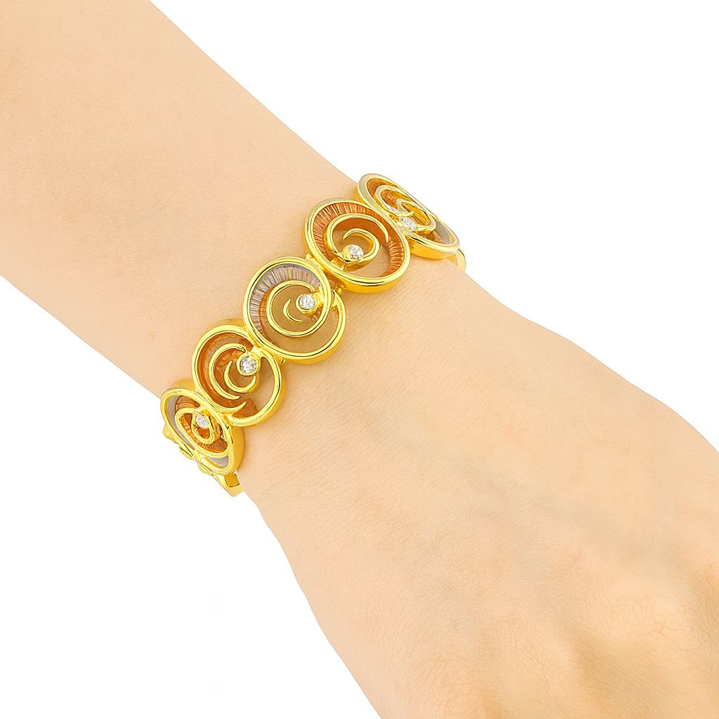 “Artistic teardrop bangle with coral and grey enamel – side angle