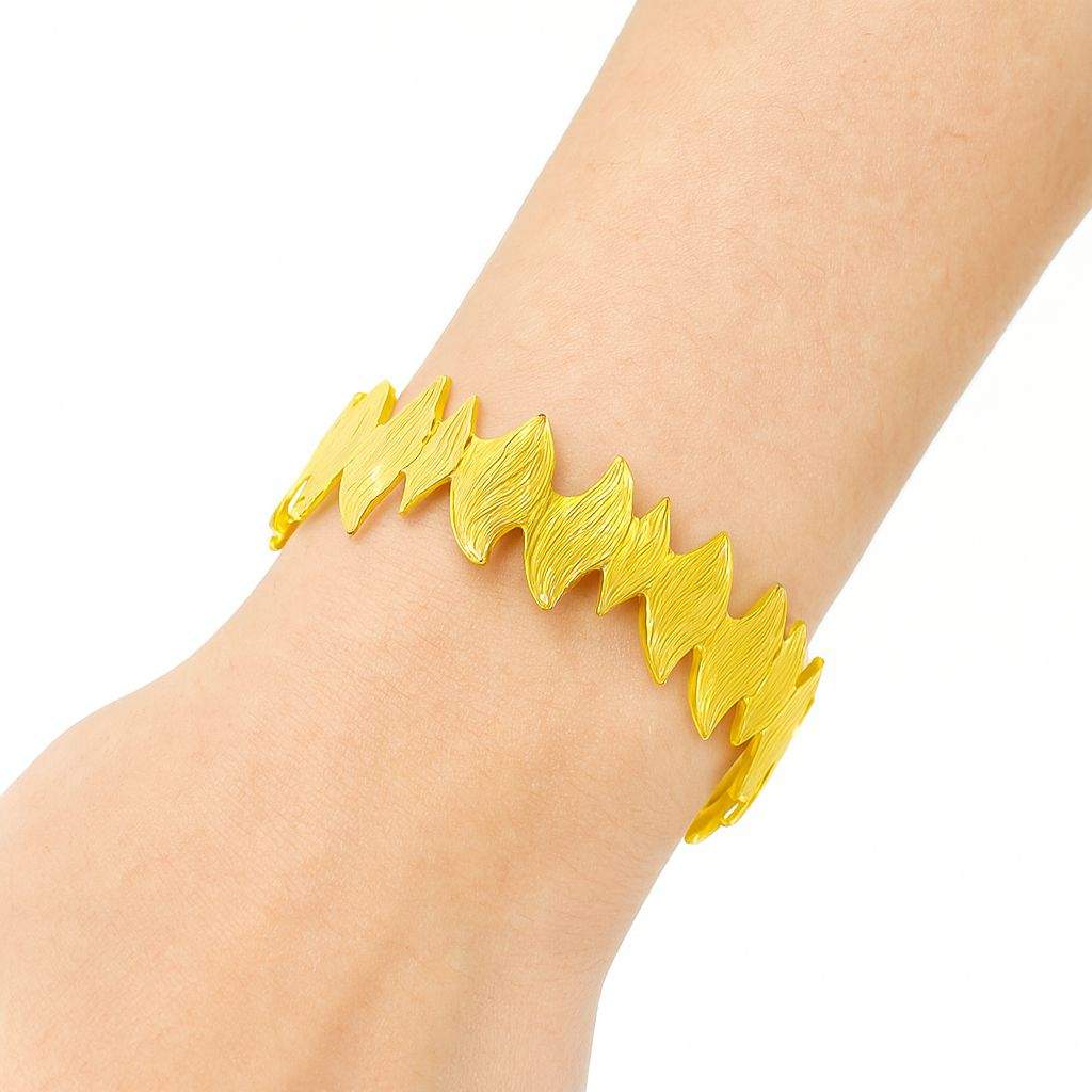 Golden Leaf Wave Textured Bracelet KC gold plated alloy bangle with hand-painted leaf design on wrist