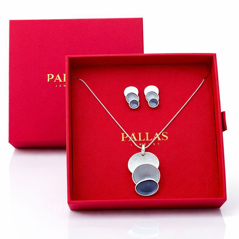 Layered circle enamel necklace and stud earrings set in gift box