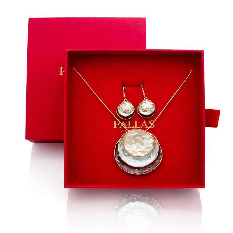 Layered disc necklace and earring set with hand-painted textured enamel in gift box