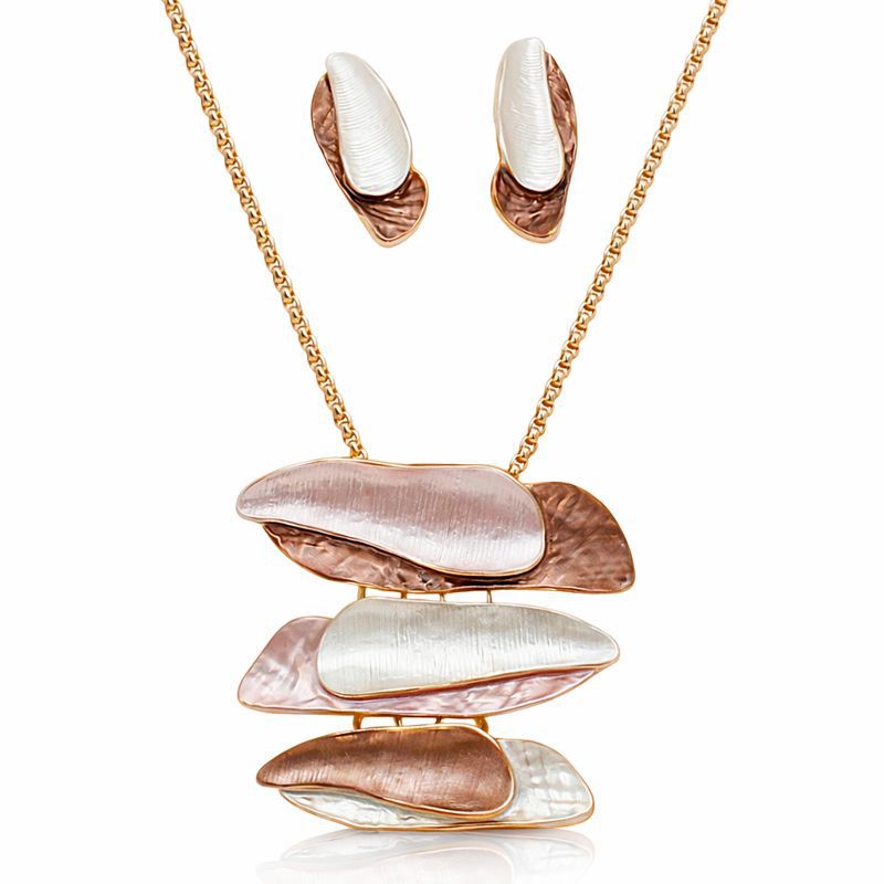 Layered enamel leaf necklace and earrings set in KC gold plated alloy