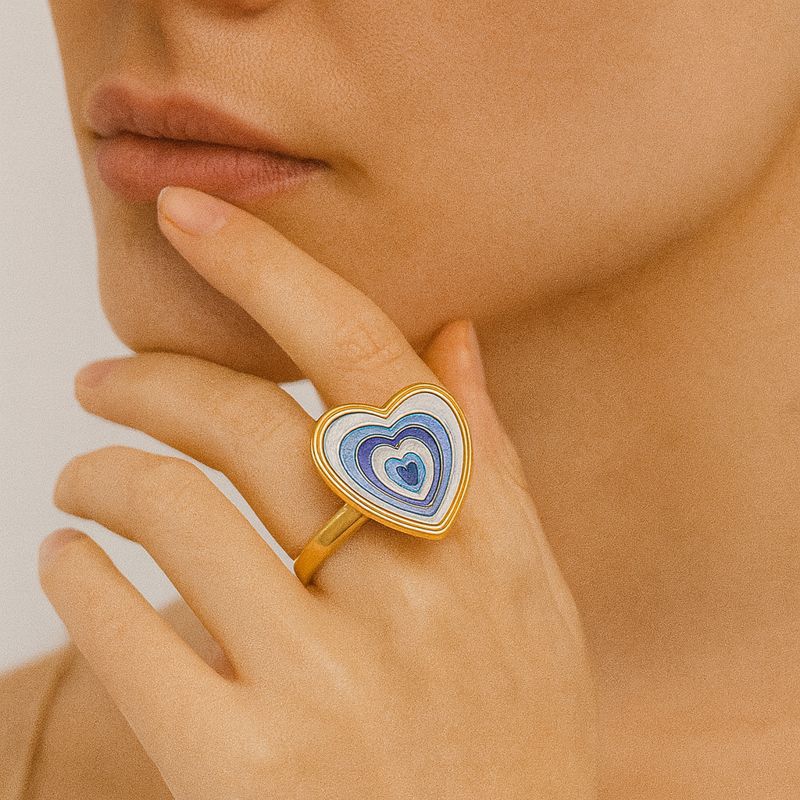 Layered heart enamel ring in KC gold with adjustable band