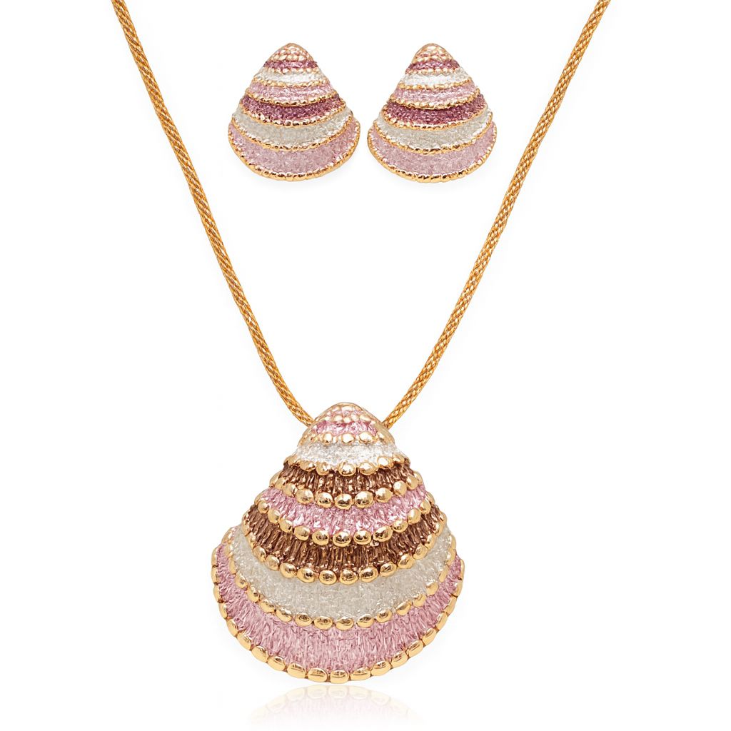 Layered shell-inspired necklace and earring set with hand-painted enamel