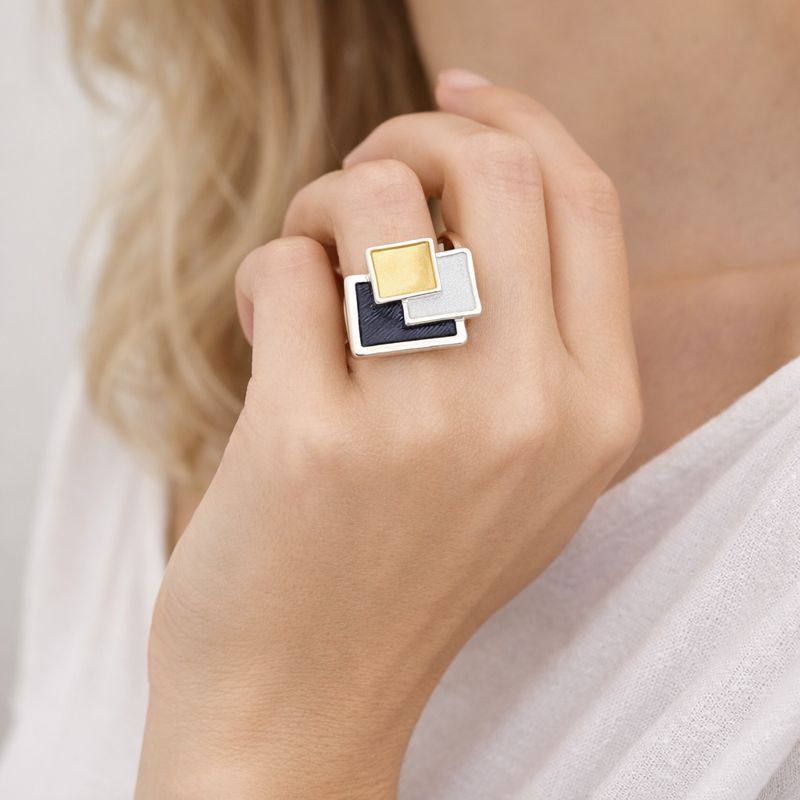 Layered square enamel silver ring with hand painted black white gold enamel