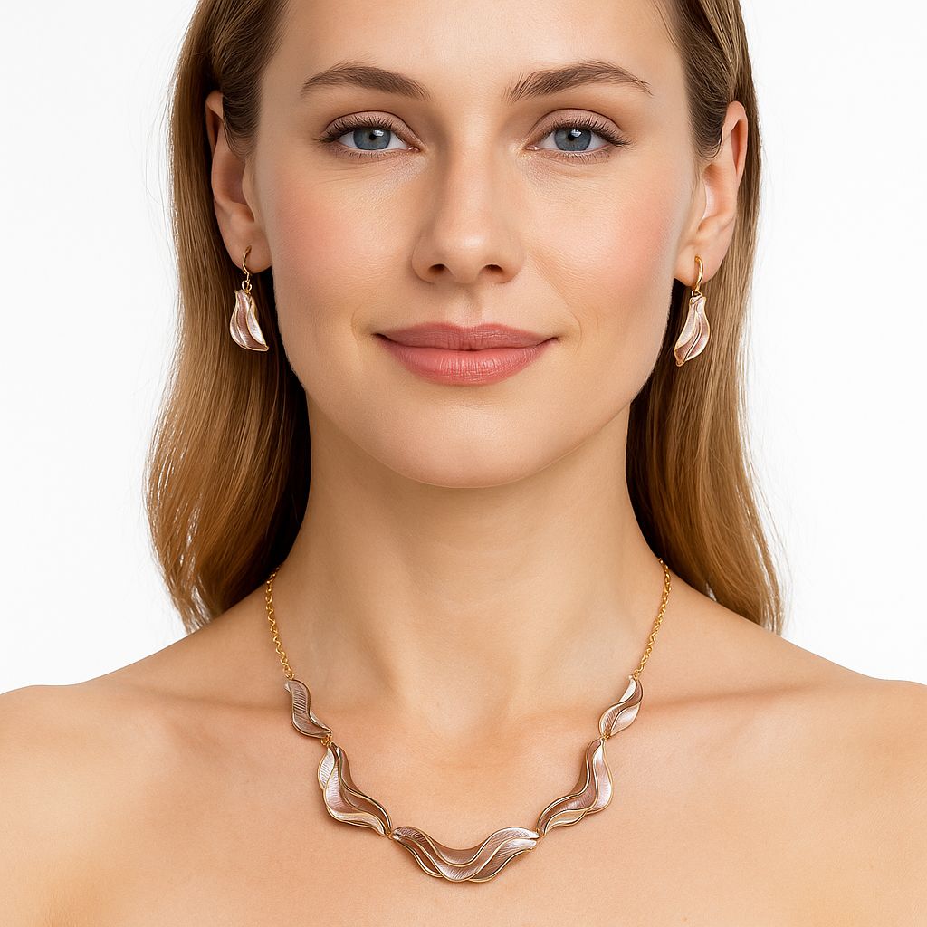 Layered wave necklace and earrings worn by model