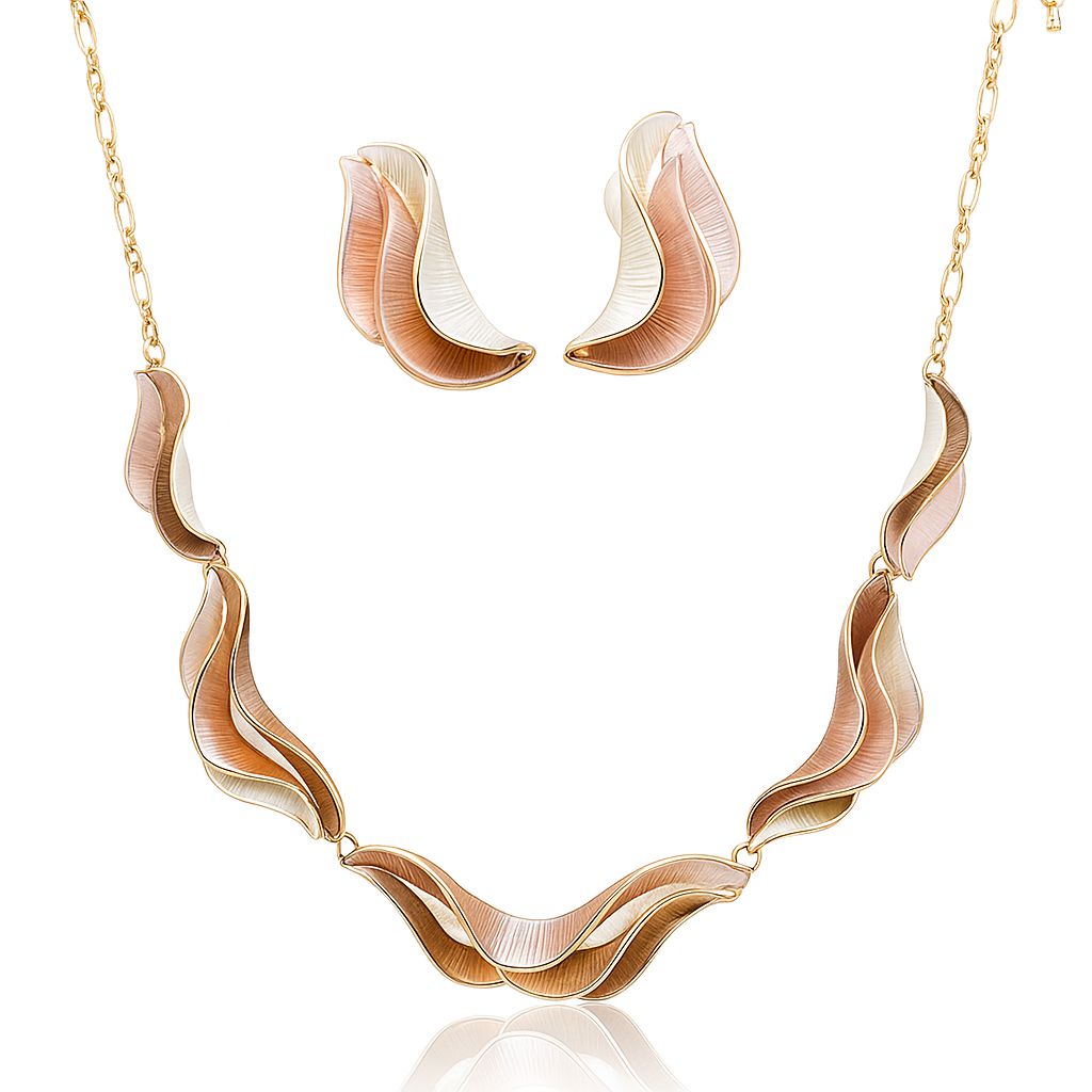 Layered wave necklace and earrings set with KC gold plated alloy