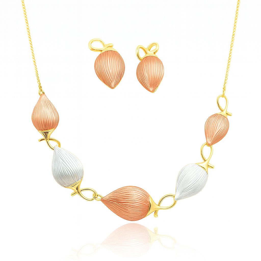 Gold leaf-bud necklace and earrings set with hand-painted finish