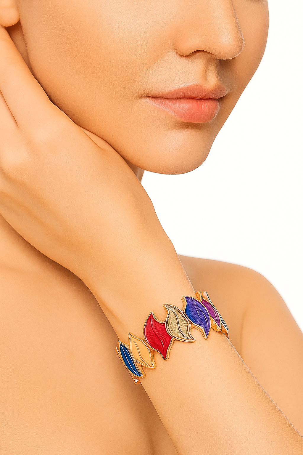 model wearing colorful leaf bracelet on wrist