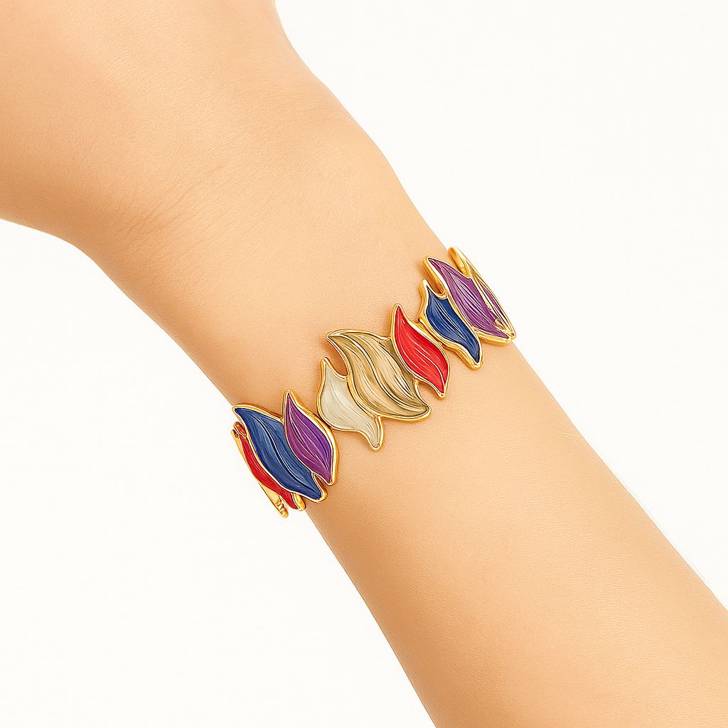 model wearing colorful leaf bracelet on wrist