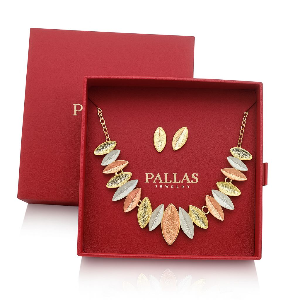 Gold silver rose leaf jewelry set in red Pallas gift box