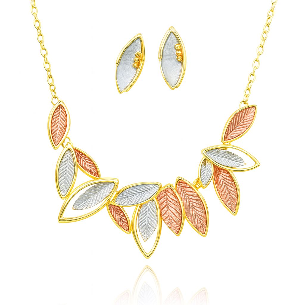 Women’s tri-color leaf necklace and earring set with KC gold plating