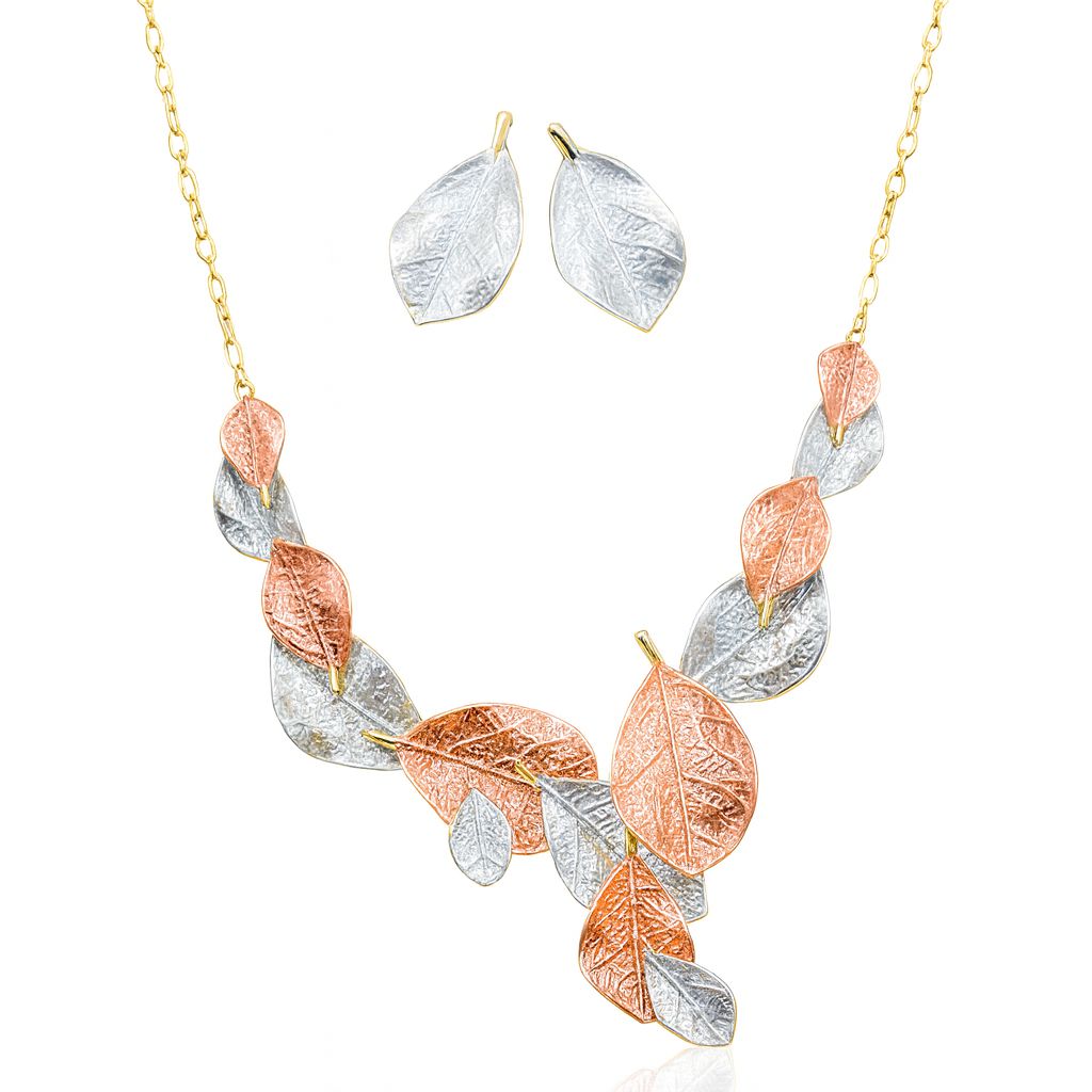 Vintage leaf necklace and earrings set with KC gold plating