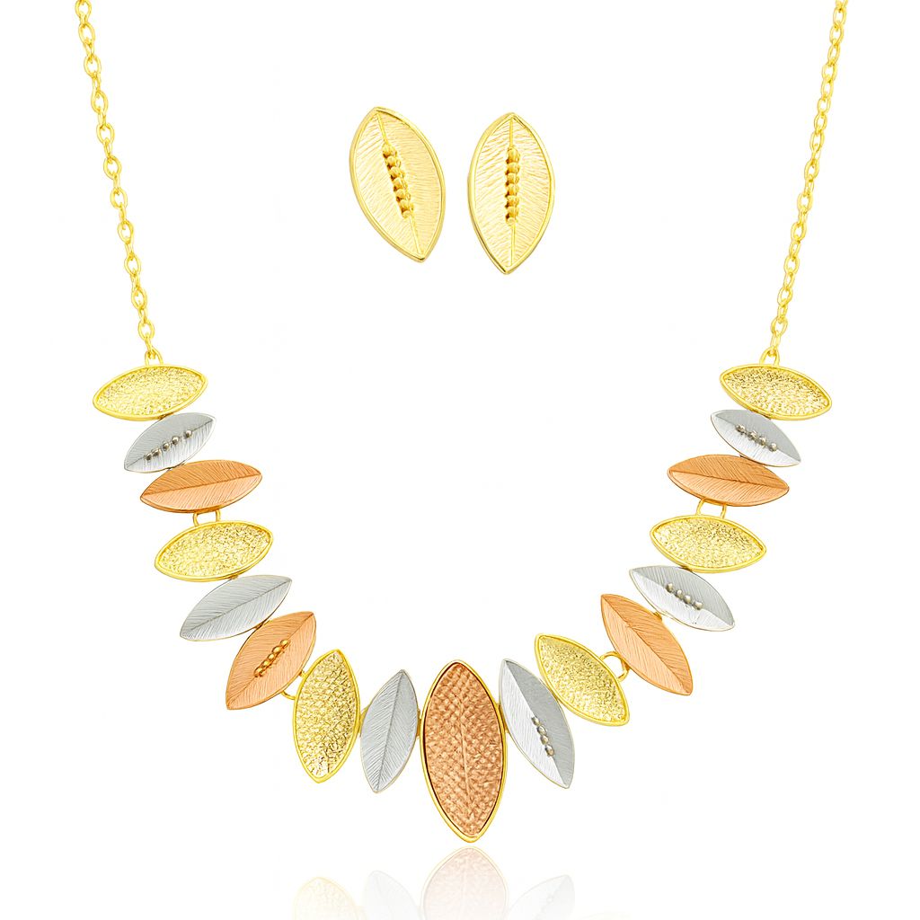 Tri-color leaf necklace and earrings jewelry set for women