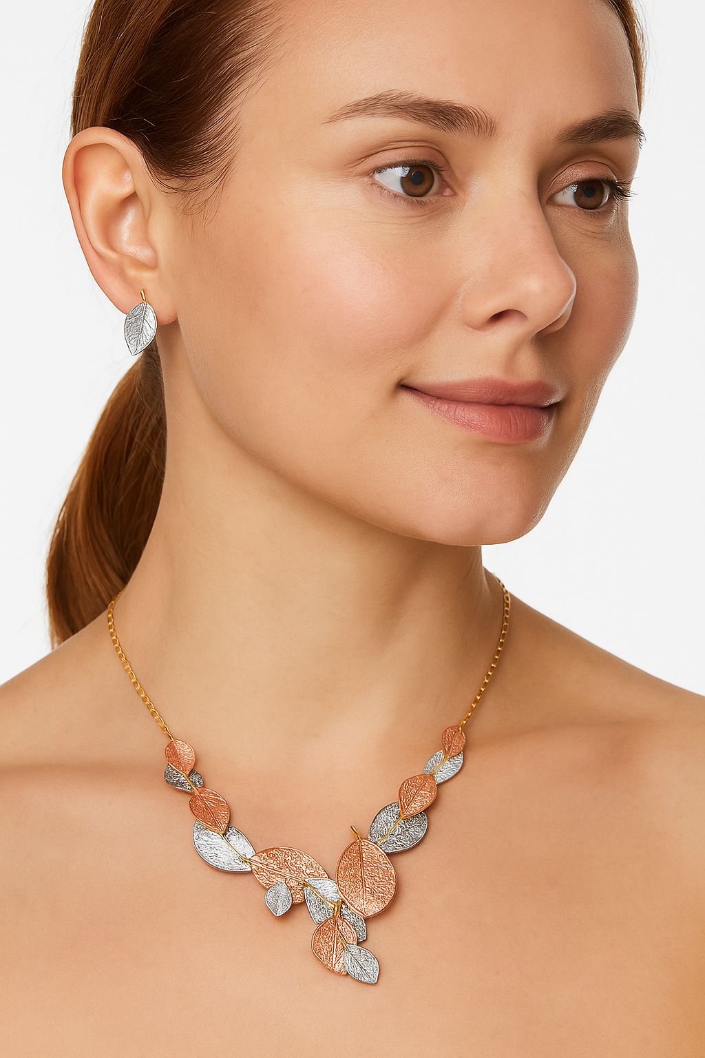 Hand-painted leaf jewelry set modeled with gold plated necklace