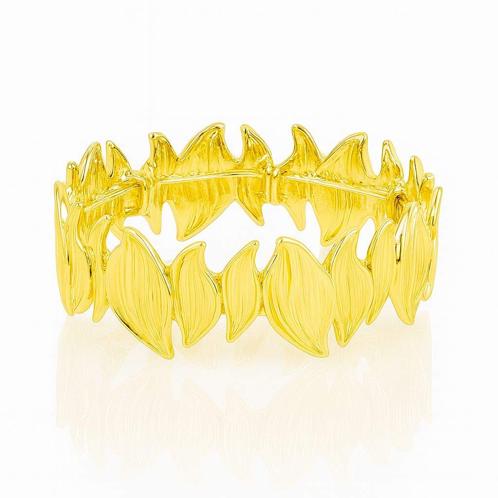 Golden Leaf Wave Textured Bracelet in KC gold plated alloy with hand-painted leaf design