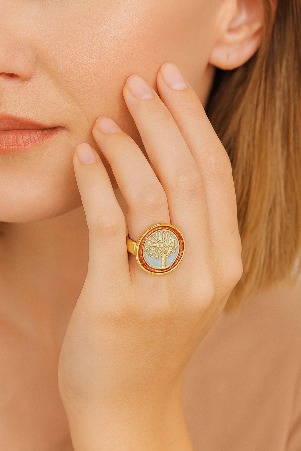 Model wearing life tree gold enamel adjustable ring