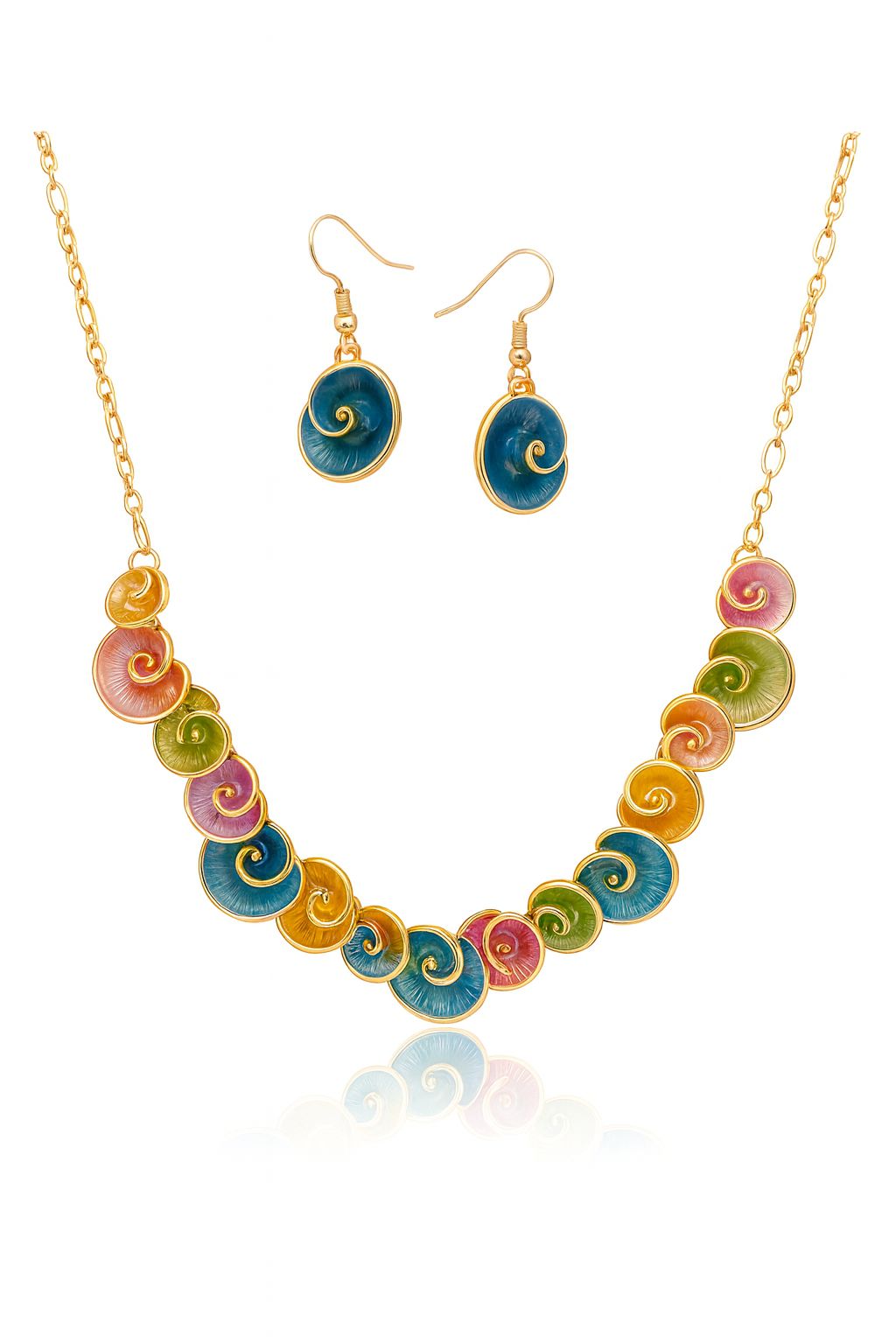 Colorful hand-painted spiral necklace and earring set with gold tone finish