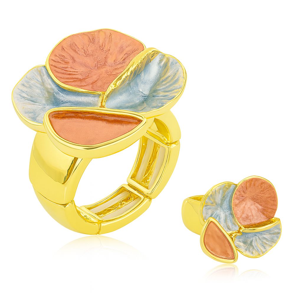 Artisan lotus bloom enamel ring in KC gold plating