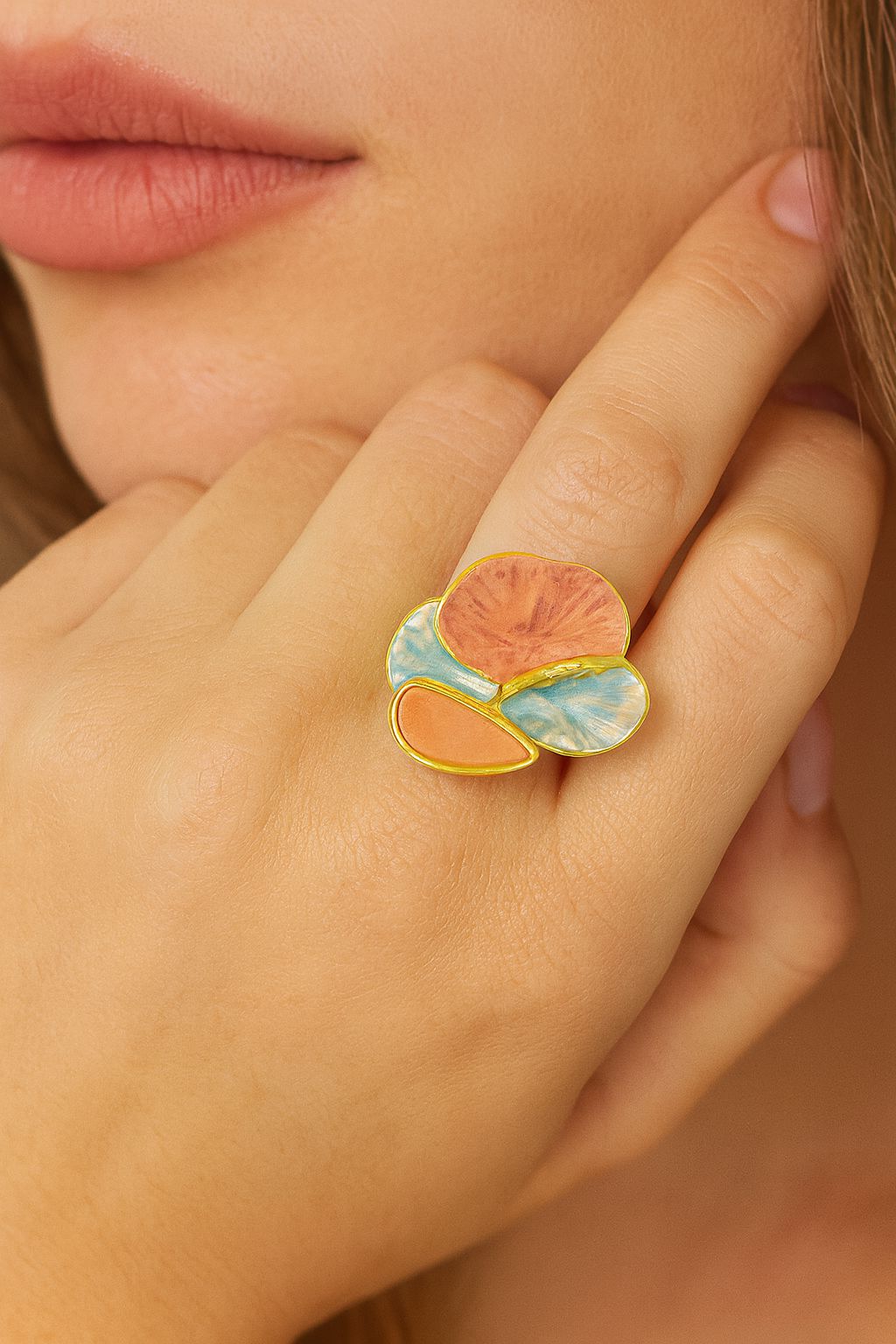 Adjustable enamel statement ring with hand-painted details