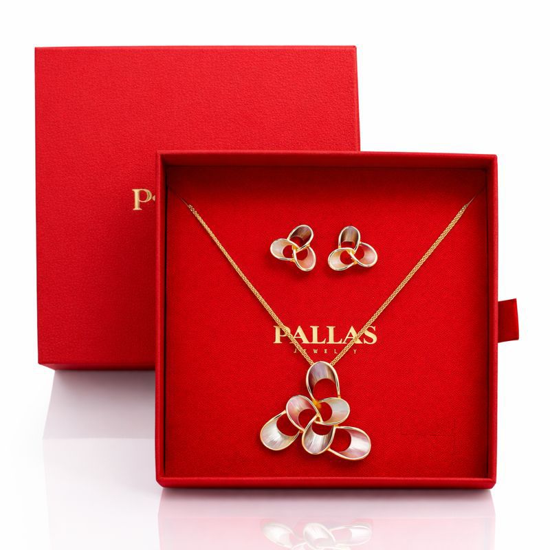 Champagne enamel floral necklace and earrings set in luxury red gift box