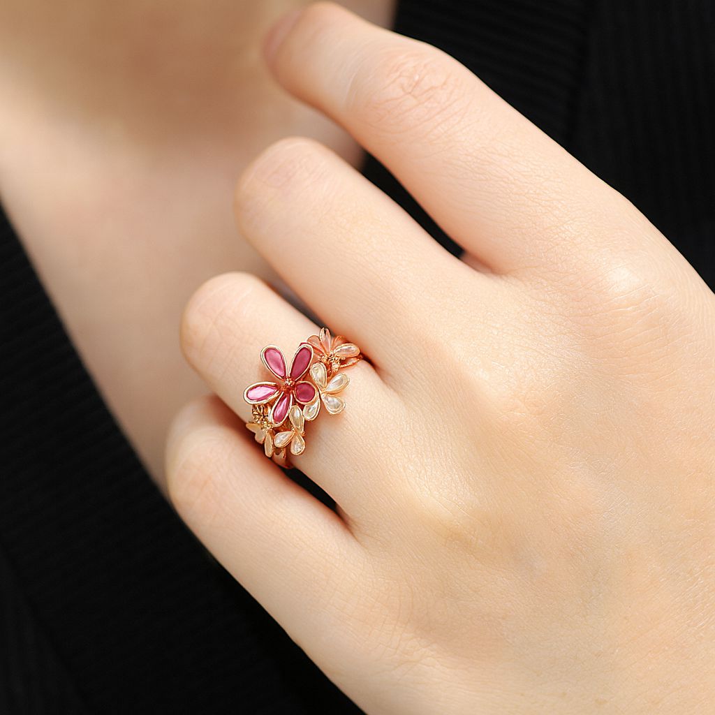 Luxury floral enamel statement ring worn by model