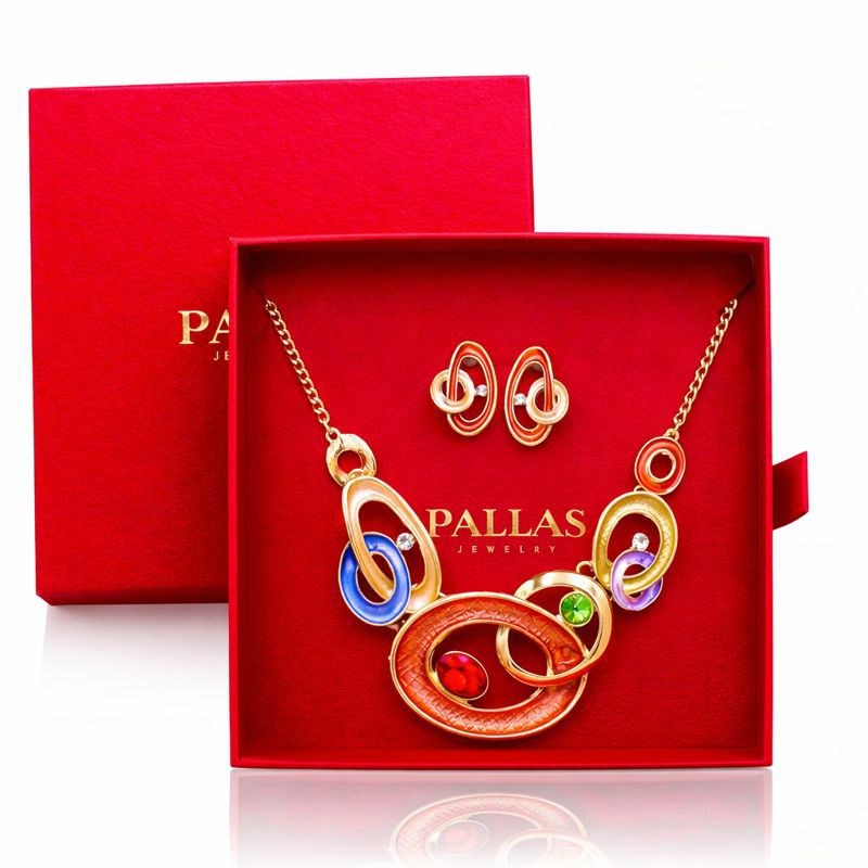 Bold centerpiece necklace and earring set with hand-painted enamel and gold tone finish