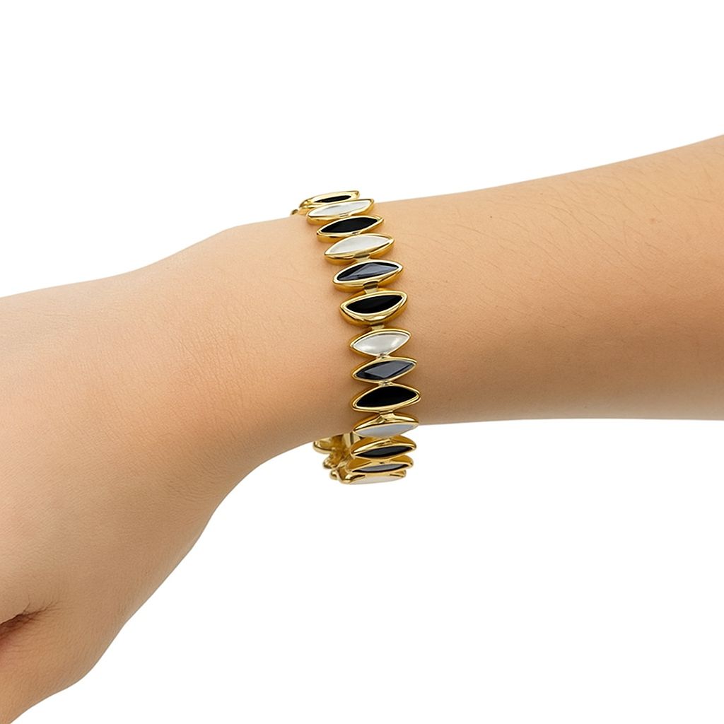 Minimalist Black & White Enamel Bracelet – KC Gold Plated Alloy, Hand-Painted Marbled Inlays, Thin Art Enamel Bangle for Women