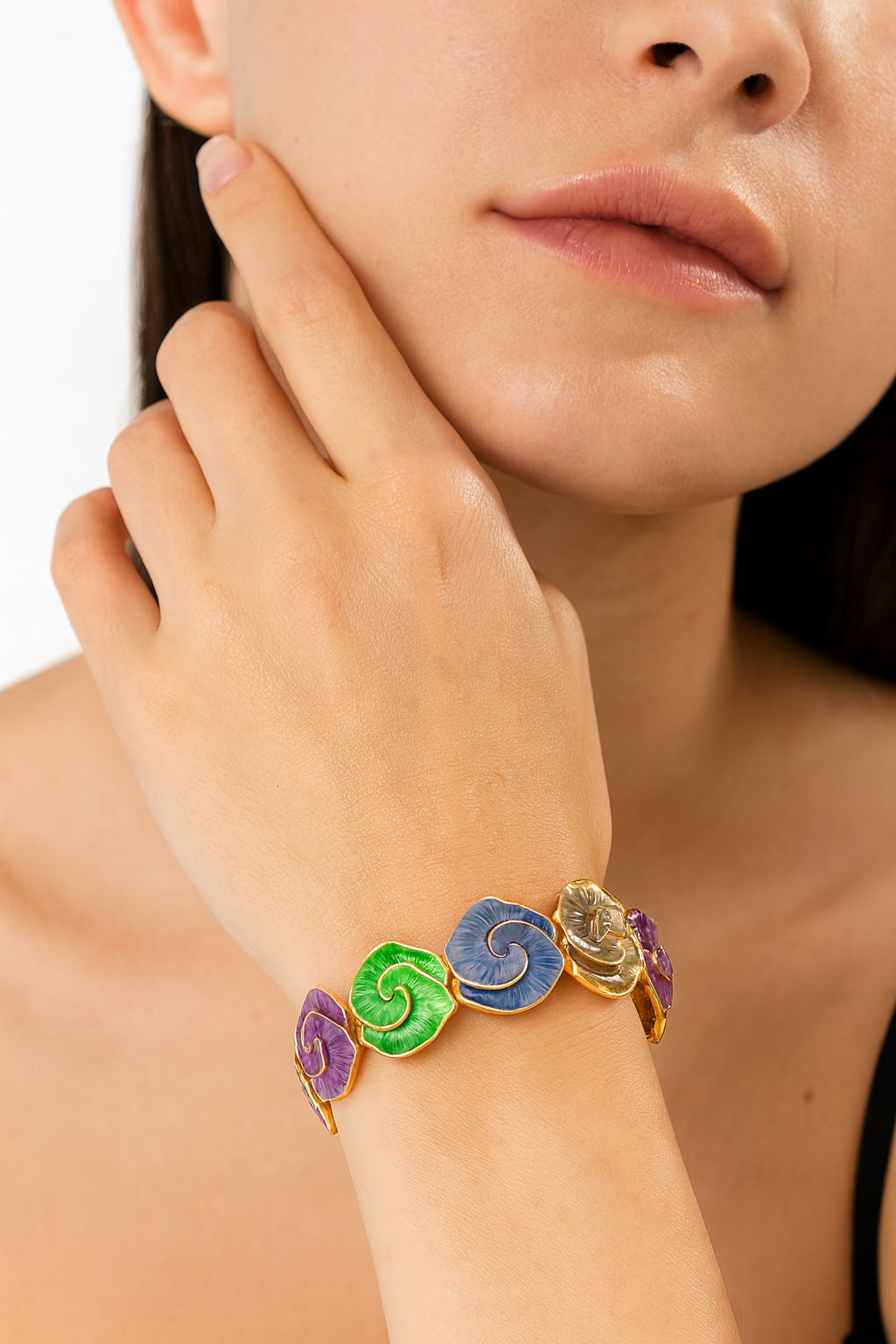 KC gold spiral enamel bracelet with artistic hand-painted design