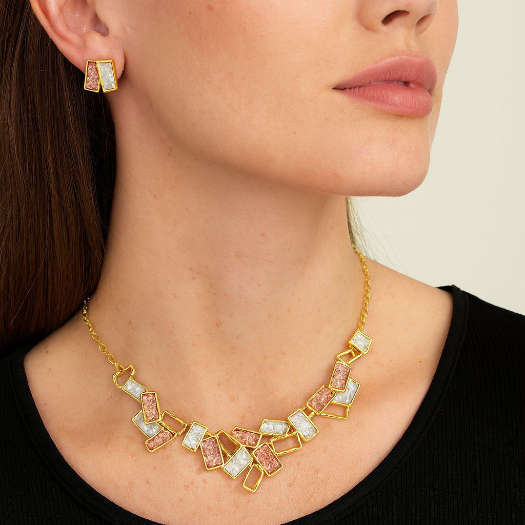 Close-up of rectangle enamel earrings in gold plating