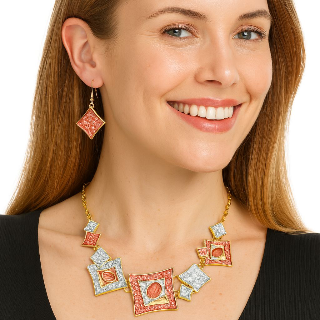 Geometric hand-painted texture necklace set in gold and coral tones