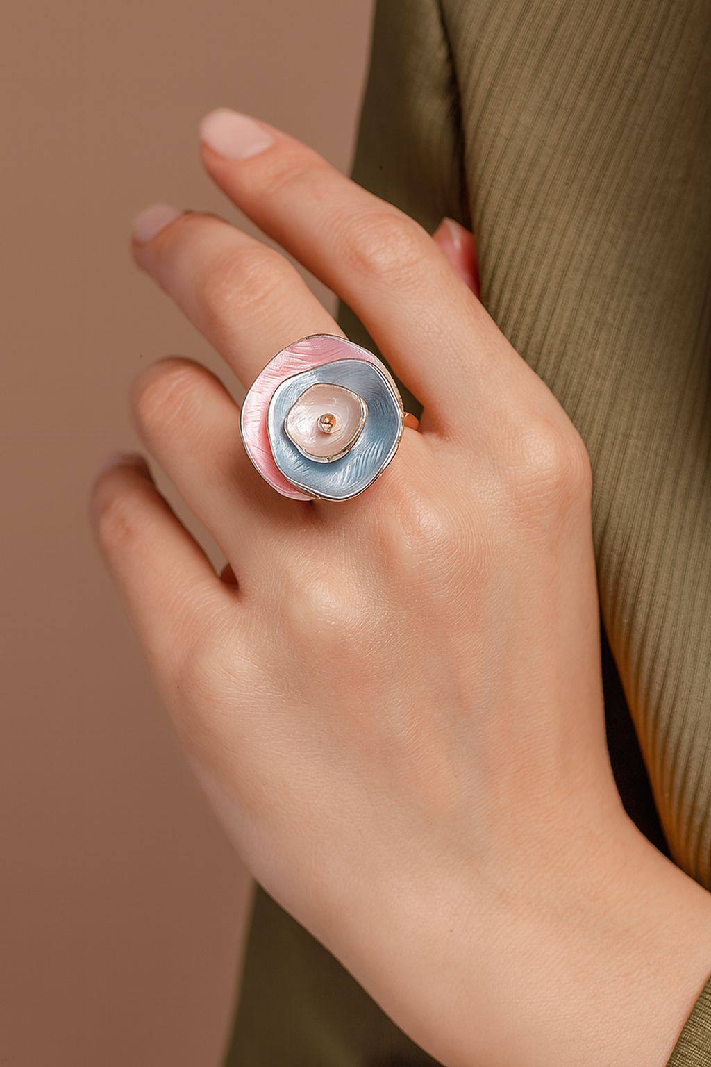 Modern abstract pink enamel ring with soft pastel tones