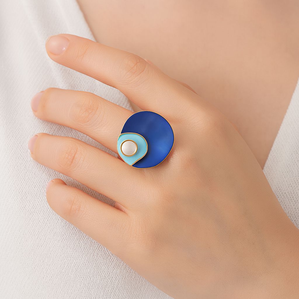 Modern abstract KC gold ring with enamel design worn as fashion statement jewelry