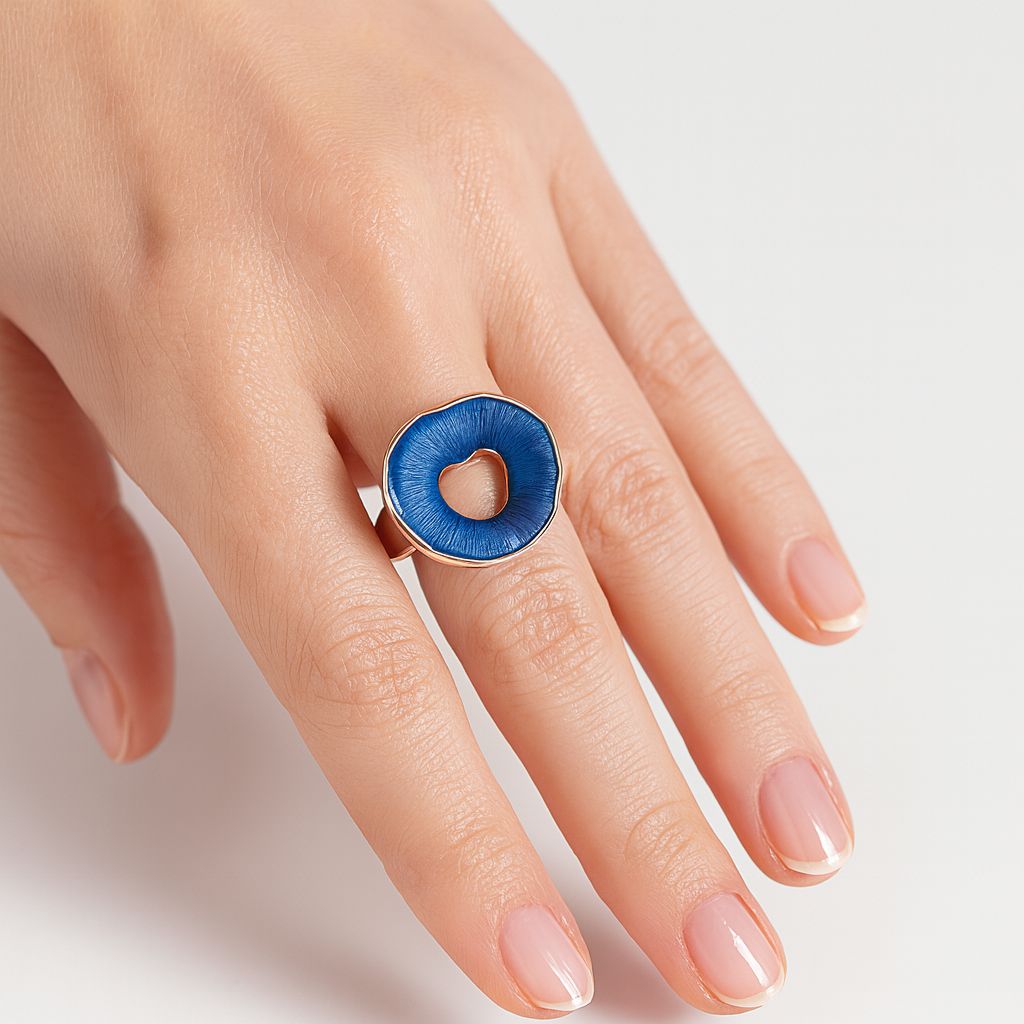 Modern alloy ring with blue enamel and KC gold plated finish