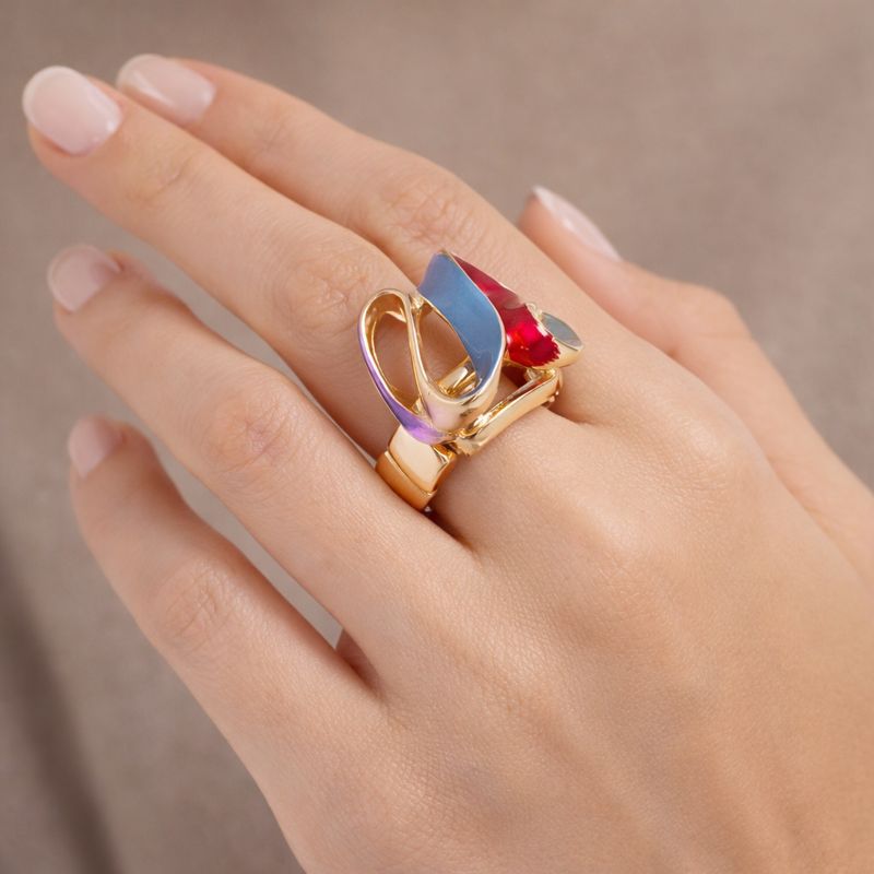 Modern color block statement ring with KC gold plating on white background