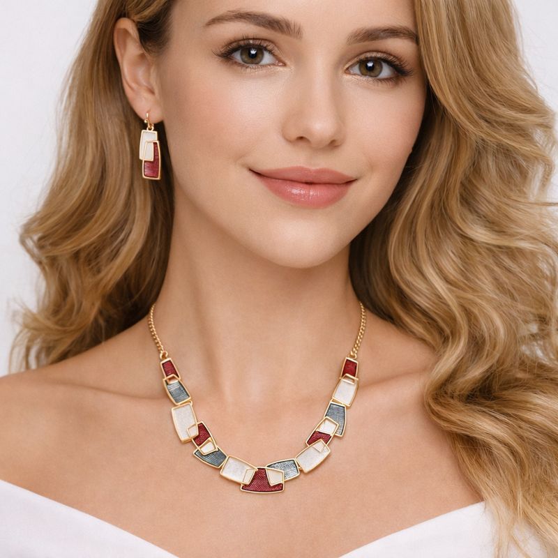 Modern rectangle enamel necklace and earrings worn by model