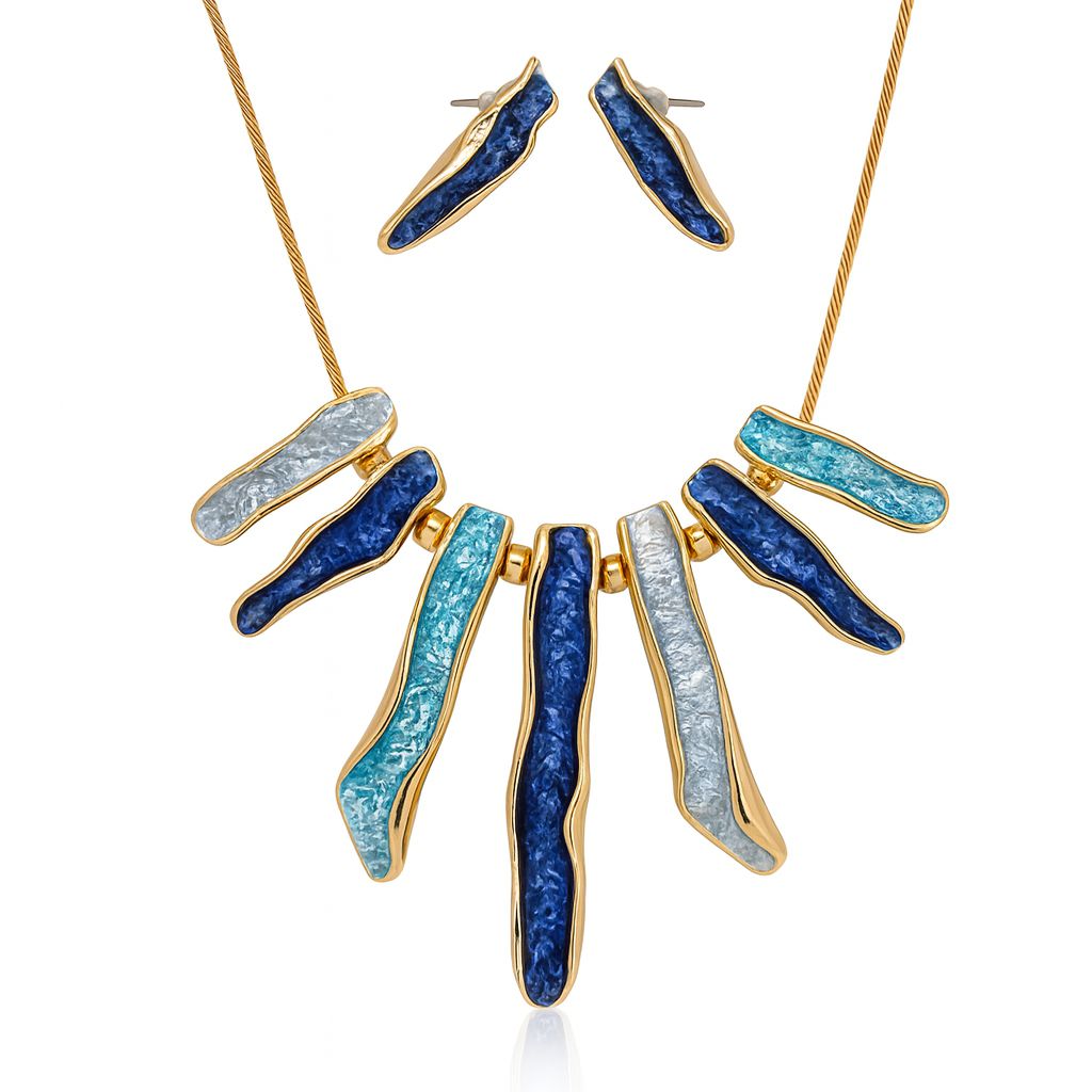 Modern hand-painted enamel necklace and earring set with gold tone finish