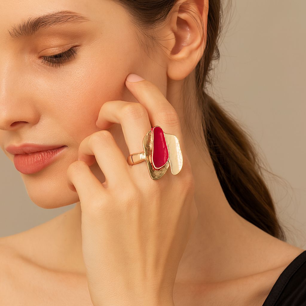 Modern enamel statement ring worn on hand with KC gold plated finish