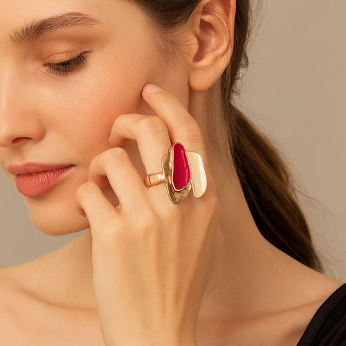 Modern enamel statement ring worn on hand with KC gold plated finish