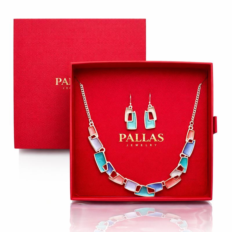 Color block enamel necklace and earring set on white background