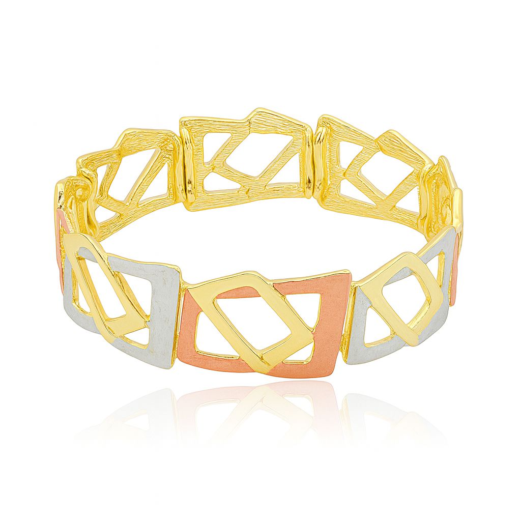 “Openwork geometric gold bracelet featuring sculptural alloy links and multi-tone enamel