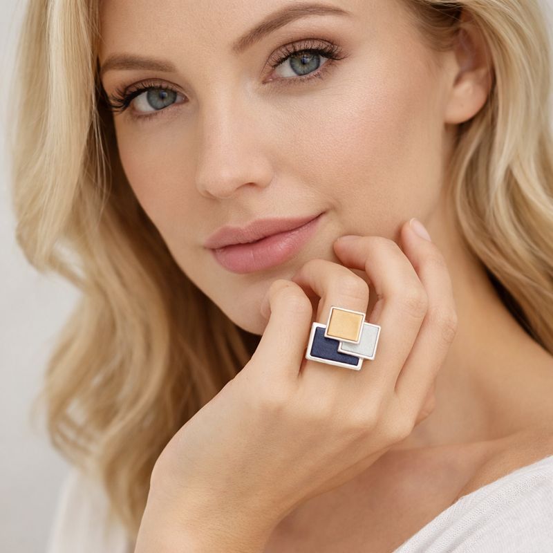 Modern minimalist geometric enamel silver ring worn by woman