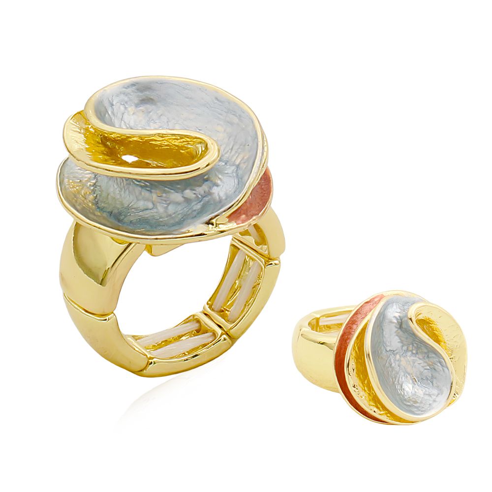 KC gold plated spiral bloom ring with grey-blue and coral enamel on white background