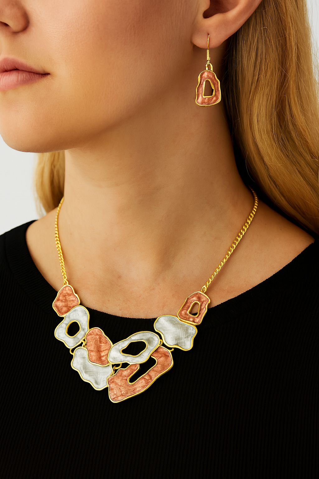 Hand-painted enamel statement necklace with matching drop earrings