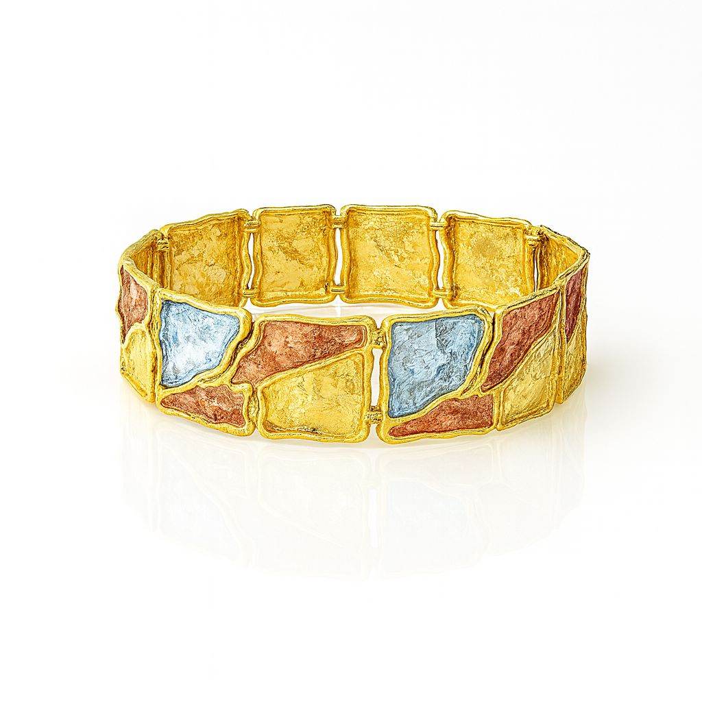 Artistic color-block bangle with gold, blue, and copper enamel