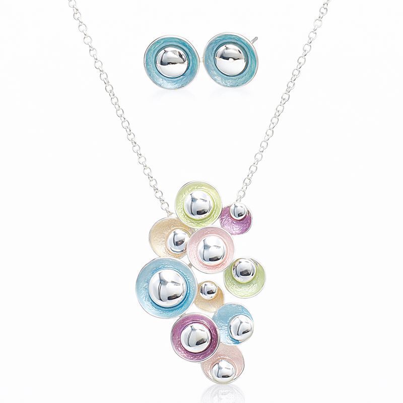 Multicolor bubble necklace and stud earrings set with hand painted enamel and KC gold plating