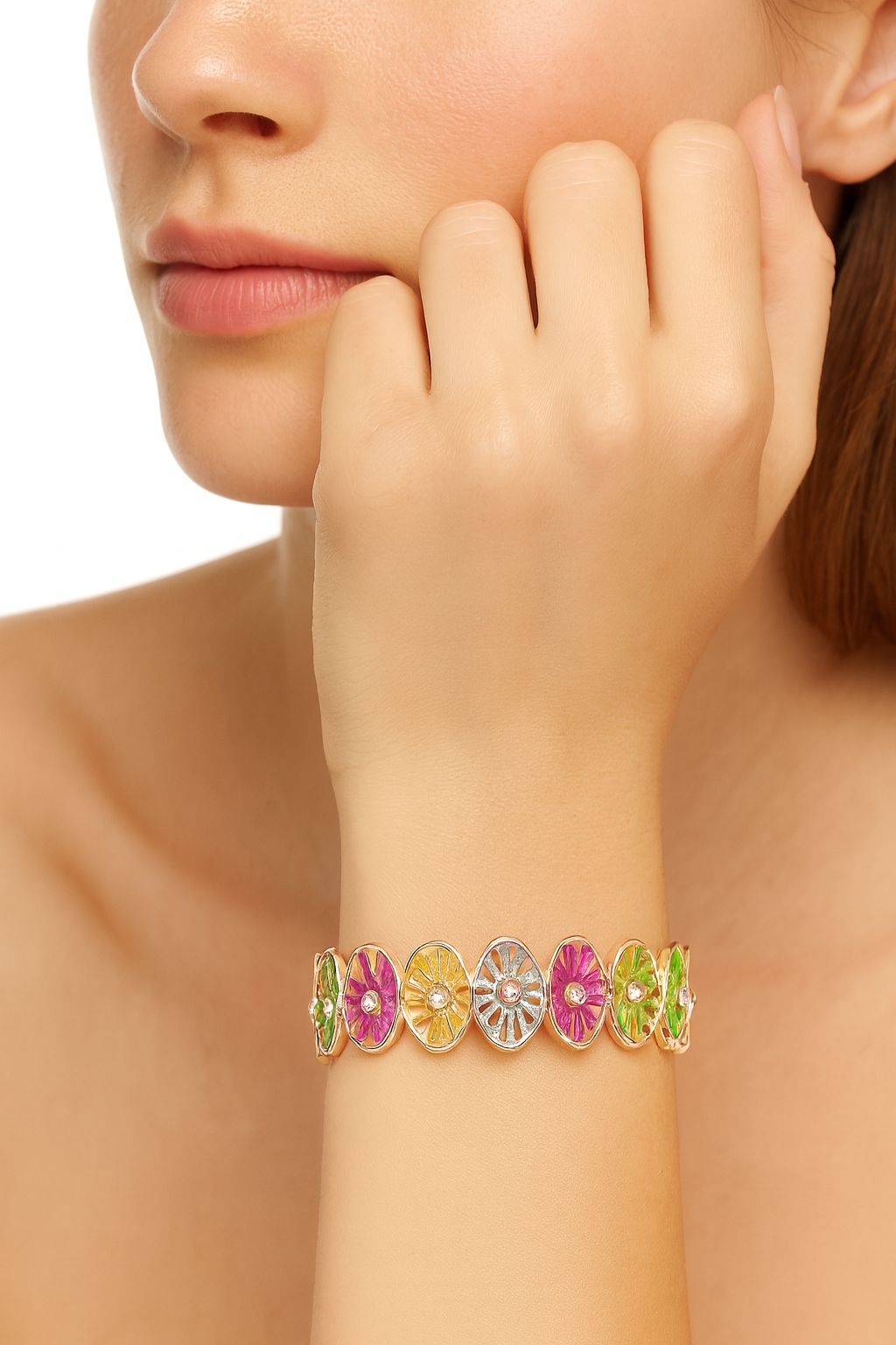 Women’s multicolor enamel bracelet shown on wrist, KC gold plated fashion jewelry