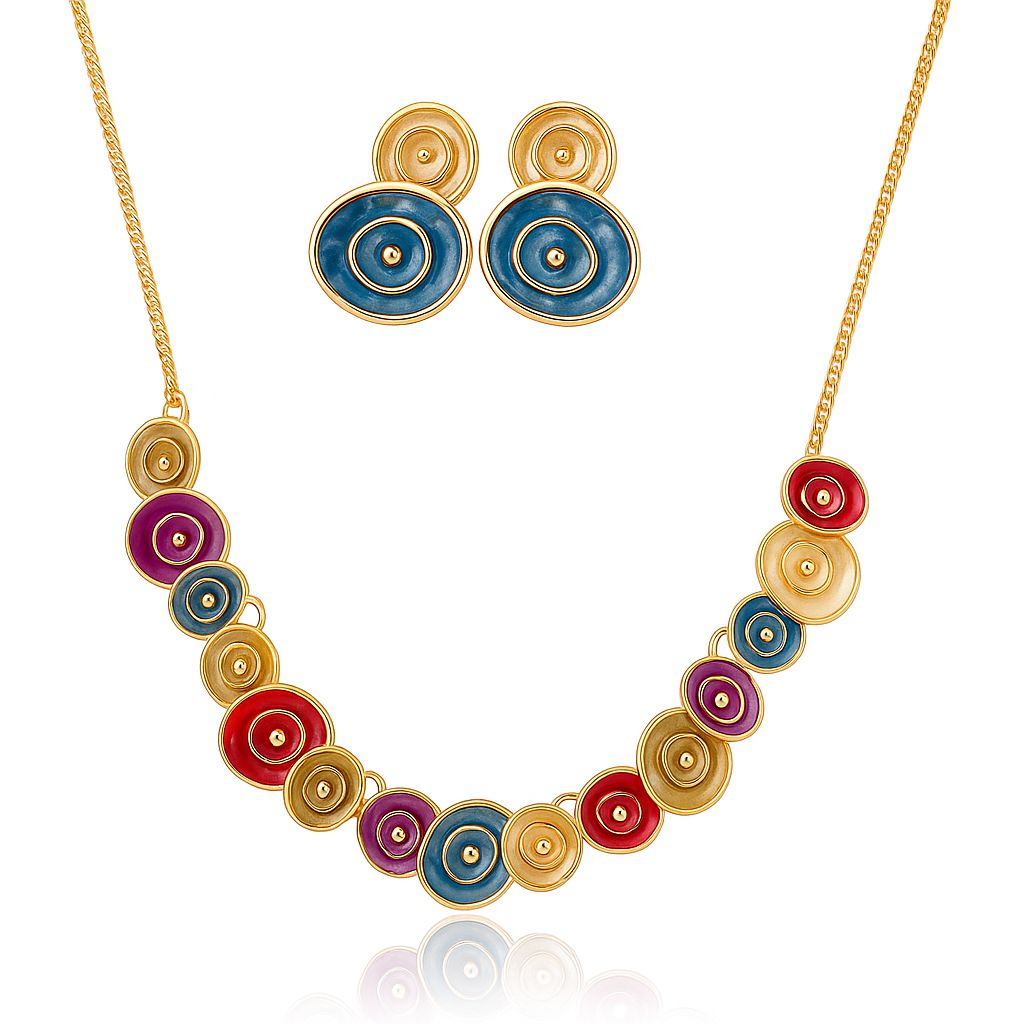 Multicolor enamel disc necklace and earrings set with KC gold plated alloy